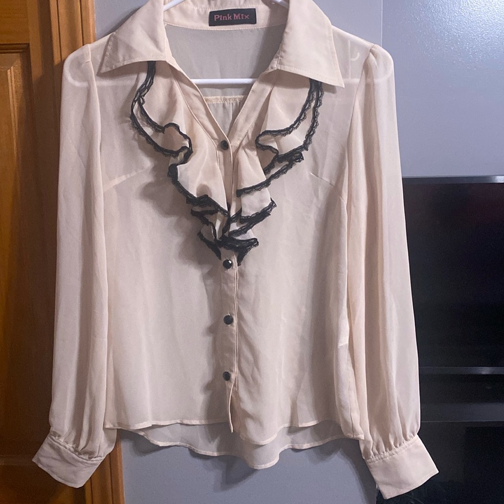 Pink/cream sheer frill blouse - Pink Mix Vintage Clothing